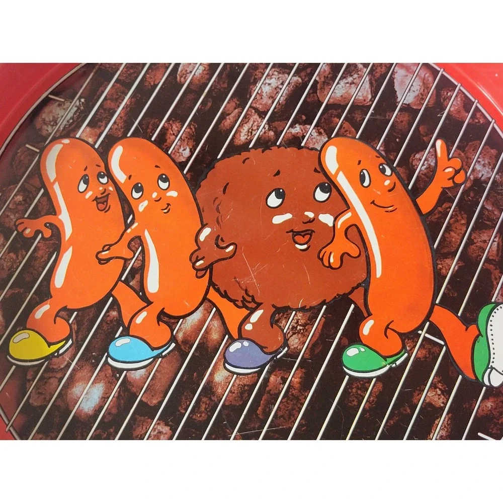 Vtg Funny Metal Serving Tray Hot Dogs Hamburger BBQ Grill Cartoon Retro Cheinco